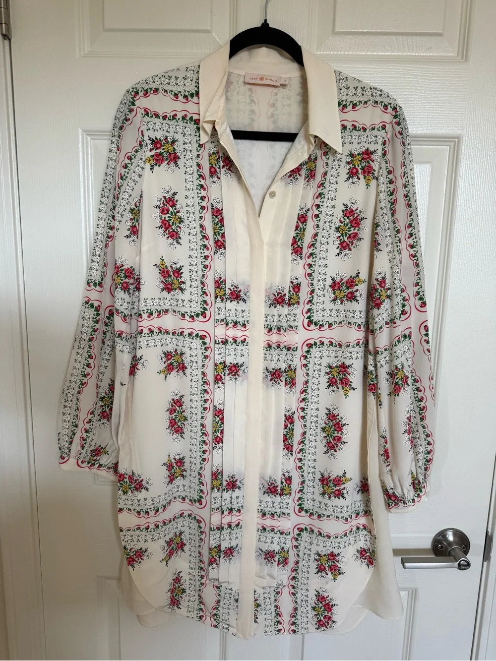 Tory Burch White Mini Shirt Dress with Pink Floral Print